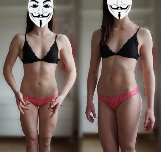 A picture of a 5'6" female showing a weight gain from 96 pounds to 125 pounds. A total gain of 29 pounds.