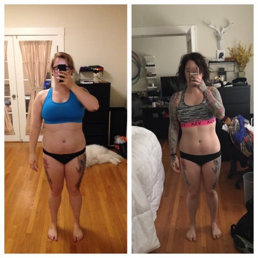 A progress pic of a 5'3" woman showing a fat loss from 167 pounds to 141 pounds. A net loss of 26 pounds.