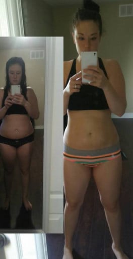 A before and after photo of a 5'7" female showing a weight loss from 176 pounds to 169 pounds. A total loss of 7 pounds.
