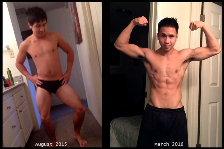 A progress pic of a 5'5" man showing a fat loss from 138 pounds to 125 pounds. A total loss of 13 pounds.