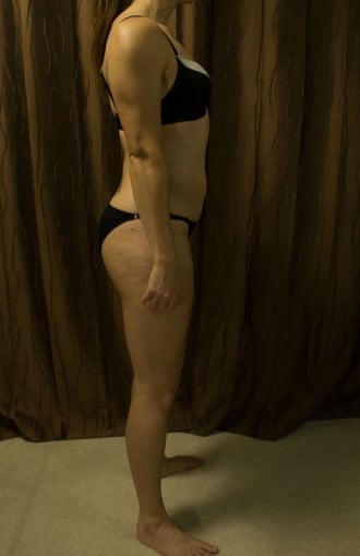 A progress pic of a 5'6" woman showing a snapshot of 143 pounds at a height of 5'6