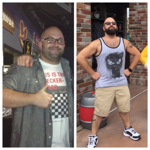 A progress pic of a 5'6" man showing a fat loss from 237 pounds to 195 pounds. A total loss of 42 pounds.