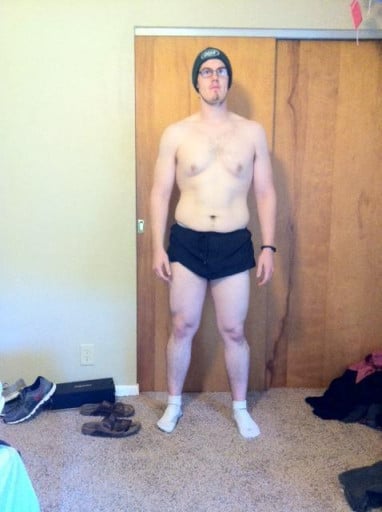 A before and after photo of a 6'1" male showing a snapshot of 223 pounds at a height of 6'1
