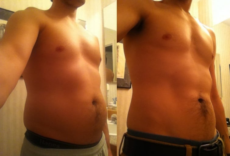 A before and after photo of a 5'8" male showing a weight reduction from 170 pounds to 160 pounds. A total loss of 10 pounds.