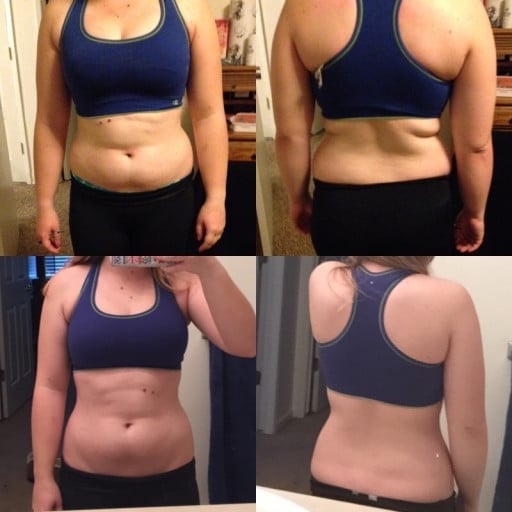 A photo of a 5'0" woman showing a weight cut from 135 pounds to 122 pounds. A total loss of 13 pounds.