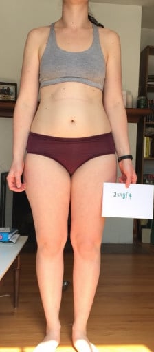 A before and after photo of a 5'7" female showing a snapshot of 153 pounds at a height of 5'7