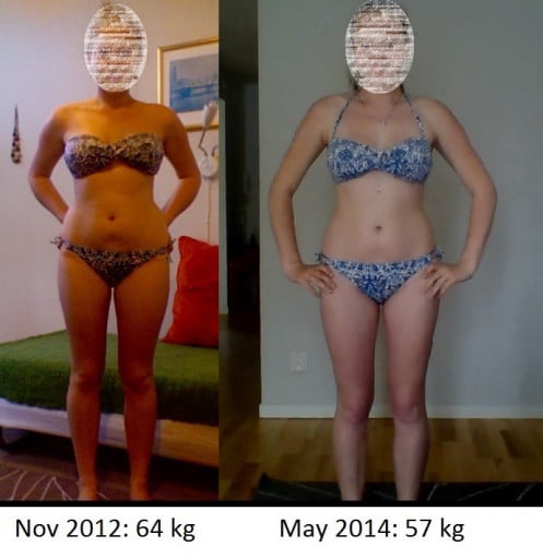 A photo of a 5'4" woman showing a weight cut from 141 pounds to 125 pounds. A net loss of 16 pounds.