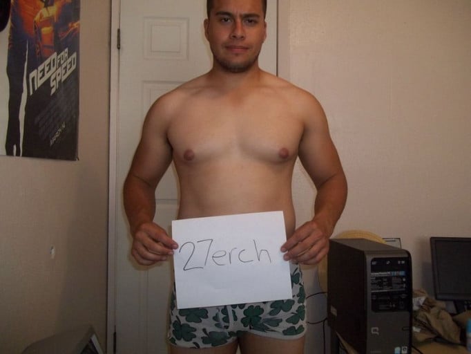 A before and after photo of a 5'10" male showing a snapshot of 208 pounds at a height of 5'10