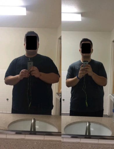 A picture of a 5'11" male showing a fat loss from 371 pounds to 289 pounds. A total loss of 82 pounds.