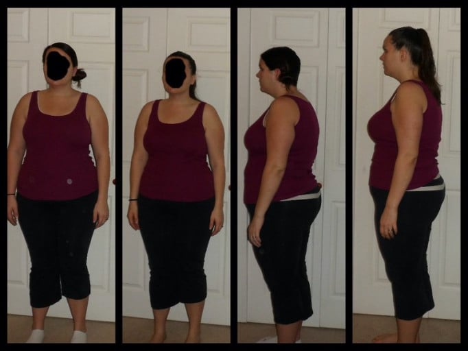 A progress pic of a 5'7" woman showing a fat loss from 225 pounds to 199 pounds. A net loss of 26 pounds.