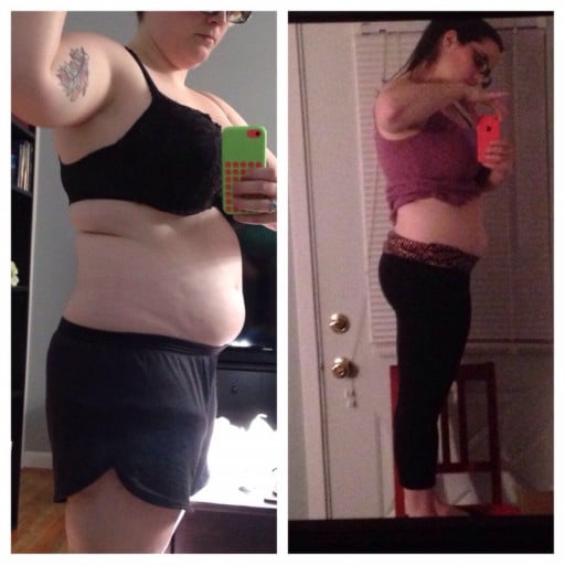 A progress pic of a 5'0" woman showing a fat loss from 168 pounds to 153 pounds. A total loss of 15 pounds.