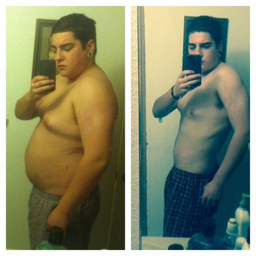 A before and after photo of a 5'11" male showing a weight reduction from 260 pounds to 185 pounds. A net loss of 75 pounds.