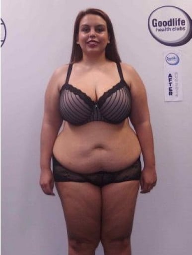 A picture of a 5'6" female showing a weight loss from 253 pounds to 234 pounds. A total loss of 19 pounds.