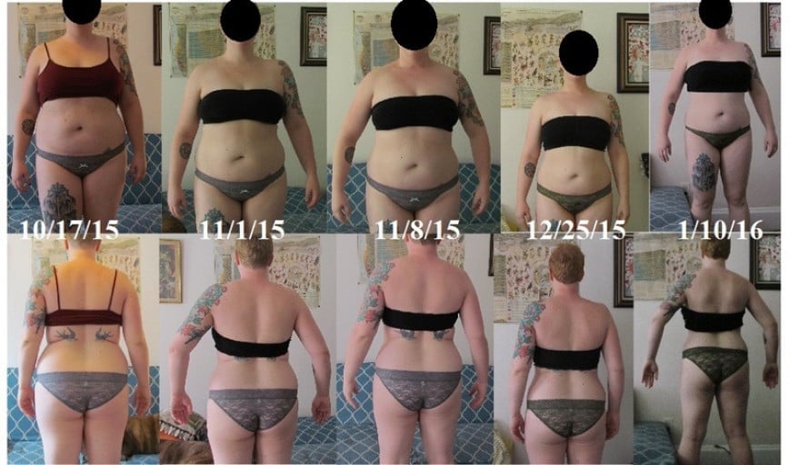 A photo of a 5'5" woman showing a weight cut from 213 pounds to 178 pounds. A total loss of 35 pounds.