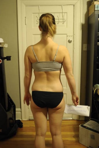 A before and after photo of a 5'4" female showing a snapshot of 142 pounds at a height of 5'4