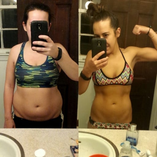 A before and after photo of a 5'1" female showing a weight reduction from 155 pounds to 110 pounds. A respectable loss of 45 pounds.