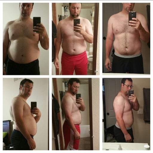 A before and after photo of a 6'0" male showing a weight reduction from 243 pounds to 222 pounds. A net loss of 21 pounds.