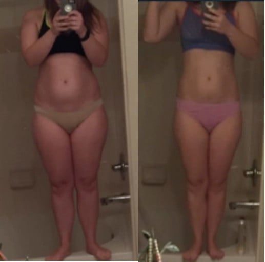A photo of a 5'3" woman showing a weight cut from 160 pounds to 147 pounds. A total loss of 13 pounds.