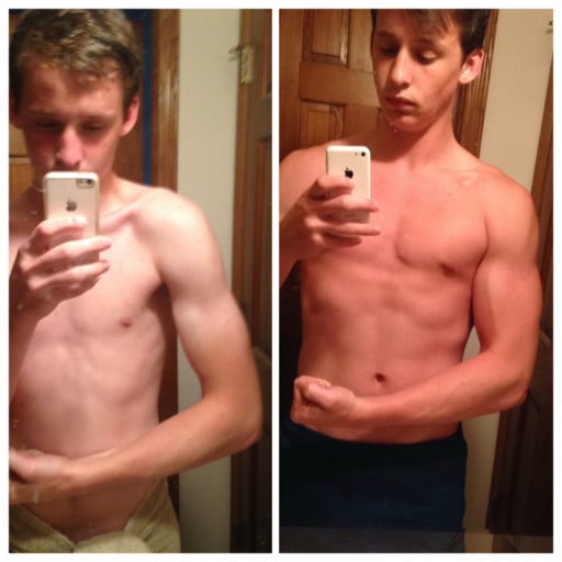 A picture of a 5'11" male showing a muscle gain from 152 pounds to 177 pounds. A total gain of 25 pounds.