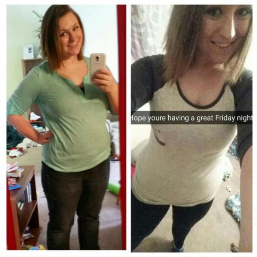 A progress pic of a 5'5" woman showing a fat loss from 202 pounds to 190 pounds. A respectable loss of 12 pounds.