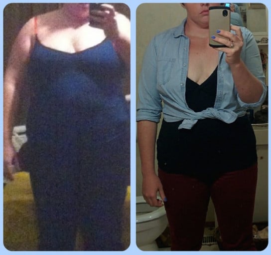 A picture of a 5'7" female showing a weight reduction from 265 pounds to 190 pounds. A total loss of 75 pounds.