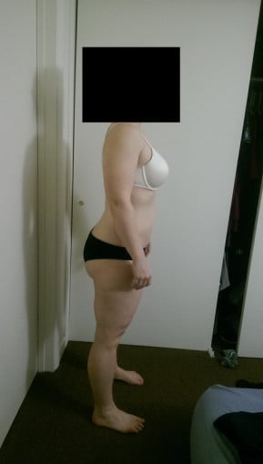 A before and after photo of a 5'1" female showing a snapshot of 153 pounds at a height of 5'1