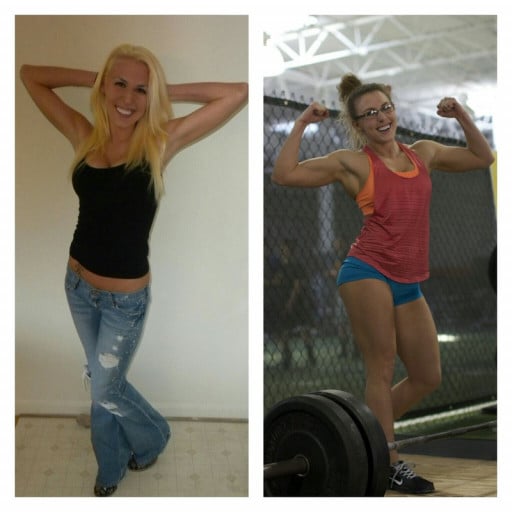 A picture of a 5'4" female showing a weight bulk from 115 pounds to 135 pounds. A net gain of 20 pounds.