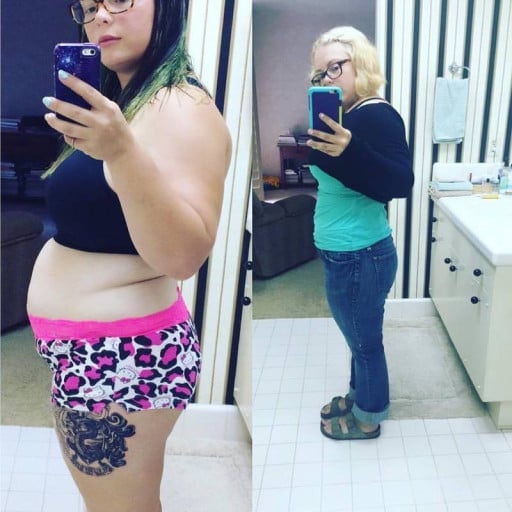 A before and after photo of a 4'11" female showing a weight reduction from 185 pounds to 166 pounds. A total loss of 19 pounds.
