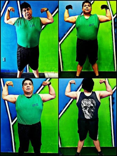 A before and after photo of a 5'10" male showing a weight reduction from 305 pounds to 265 pounds. A net loss of 40 pounds.