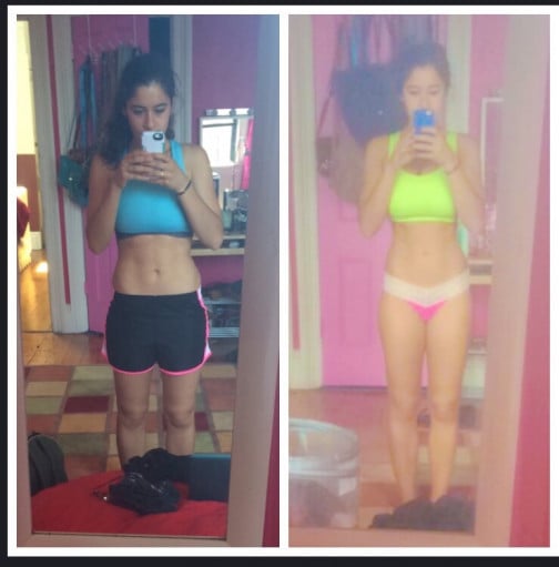 A before and after photo of a 5'2" female showing a weight reduction from 116 pounds to 110 pounds. A net loss of 6 pounds.