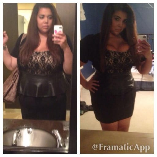 A progress pic of a 5'6" woman showing a fat loss from 270 pounds to 195 pounds. A respectable loss of 75 pounds.