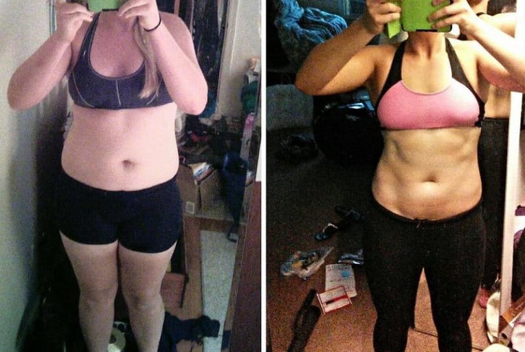A before and after photo of a 5'6" female showing a weight reduction from 165 pounds to 158 pounds. A respectable loss of 7 pounds.