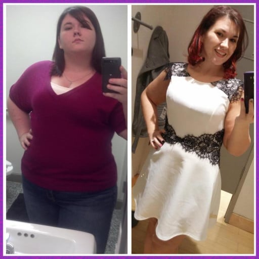 A progress pic of a 5'6" woman showing a weight reduction from 321 pounds to 189 pounds. A total loss of 132 pounds.