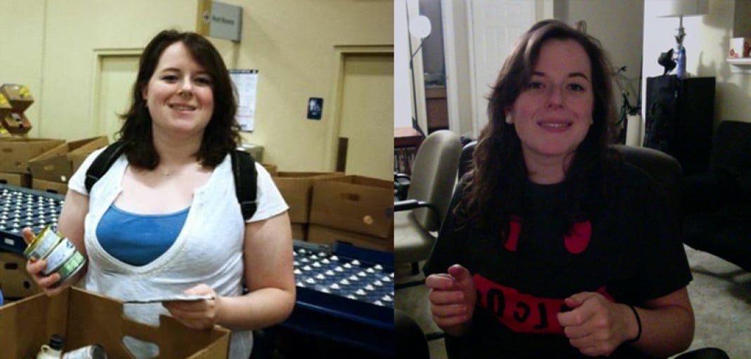 A picture of a 5'5" female showing a fat loss from 220 pounds to 160 pounds. A net loss of 60 pounds.