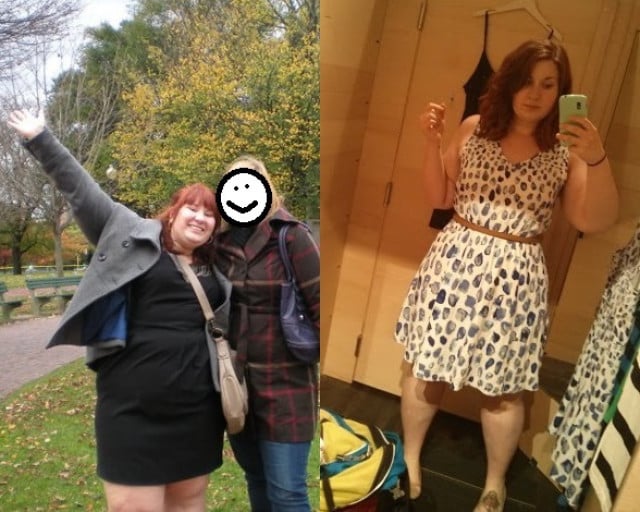 A photo of a 5'7" woman showing a weight cut from 300 pounds to 225 pounds. A respectable loss of 75 pounds.