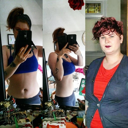 A before and after photo of a 5'2" female showing a weight reduction from 190 pounds to 138 pounds. A net loss of 52 pounds.