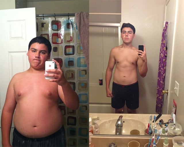 A progress pic of a 5'10" man showing a fat loss from 230 pounds to 160 pounds. A respectable loss of 70 pounds.
