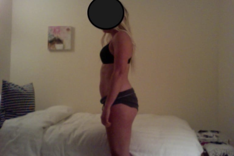 A before and after photo of a 5'3" female showing a snapshot of 122 pounds at a height of 5'3