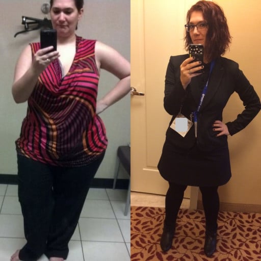 A progress pic of a 5'3" woman showing a weight loss from 233 pounds to 152 pounds. A respectable loss of 81 pounds.