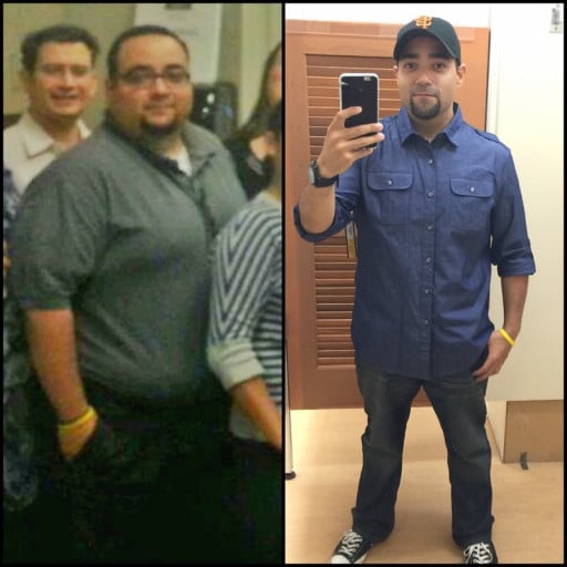 A picture of a 5'8" male showing a weight loss from 284 pounds to 206 pounds. A net loss of 78 pounds.