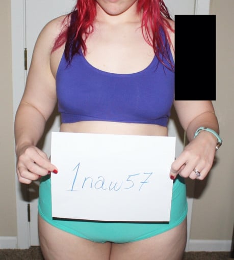 A before and after photo of a 5'3" female showing a snapshot of 163 pounds at a height of 5'3
