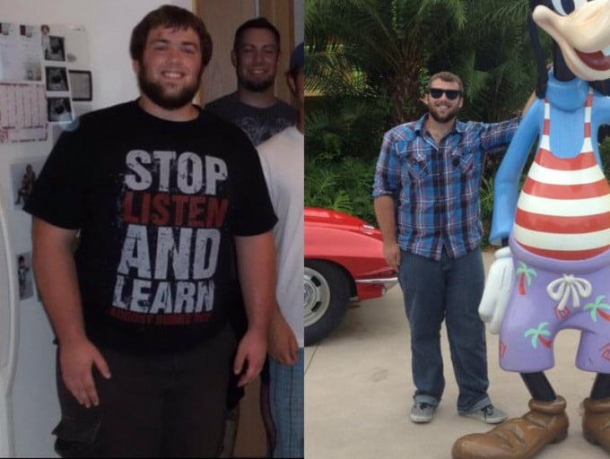 A photo of a 5'10" man showing a weight cut from 309 pounds to 254 pounds. A net loss of 55 pounds.