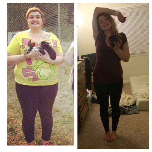 A progress pic of a 5'9" woman showing a fat loss from 298 pounds to 188 pounds. A respectable loss of 110 pounds.