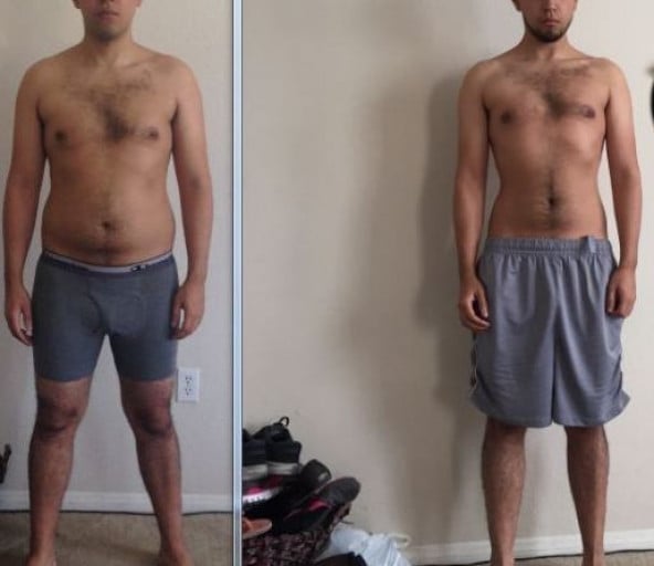 A before and after photo of a 5'9" male showing a weight reduction from 182 pounds to 160 pounds. A respectable loss of 22 pounds.