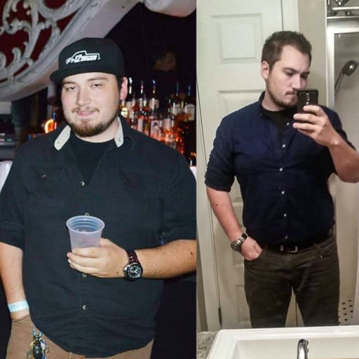 A picture of a 5'11" male showing a weight loss from 275 pounds to 223 pounds. A net loss of 52 pounds.
