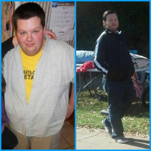 A progress pic of a 5'7" man showing a weight loss from 330 pounds to 200 pounds. A respectable loss of 130 pounds.