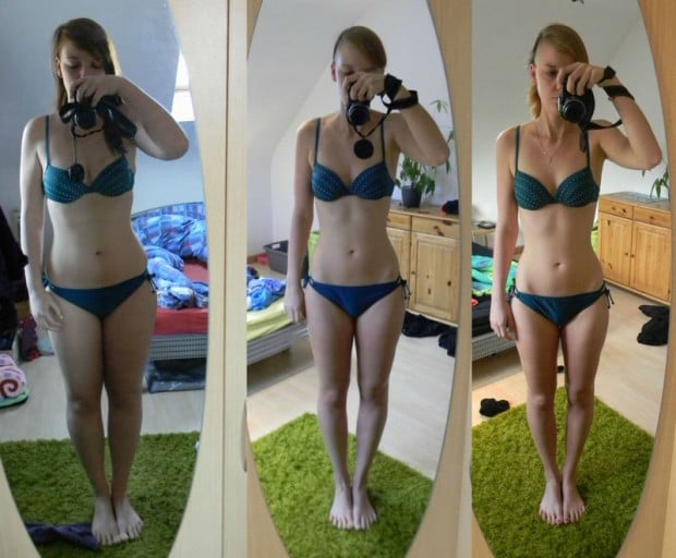 A photo of a 5'8" woman showing a fat loss from 160 pounds to 135 pounds. A net loss of 25 pounds.