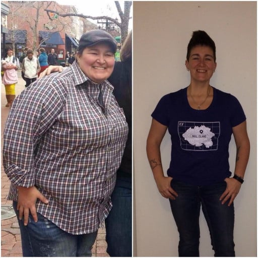 A picture of a 5'4" female showing a weight loss from 300 pounds to 150 pounds. A net loss of 150 pounds.