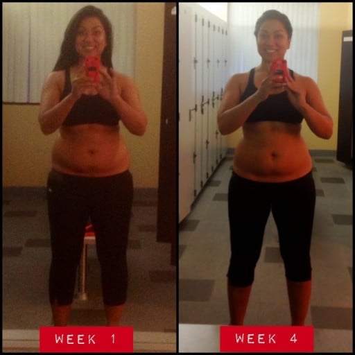 A progress pic of a 5'6" woman showing a fat loss from 180 pounds to 175 pounds. A total loss of 5 pounds.