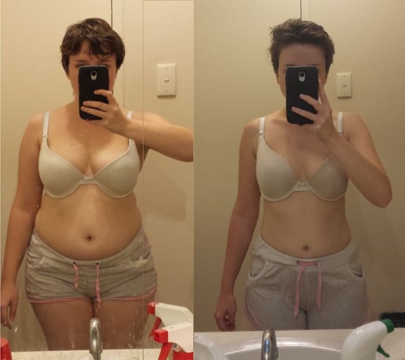 A progress pic of a 5'1" woman showing a weight reduction from 158 pounds to 109 pounds. A total loss of 49 pounds.